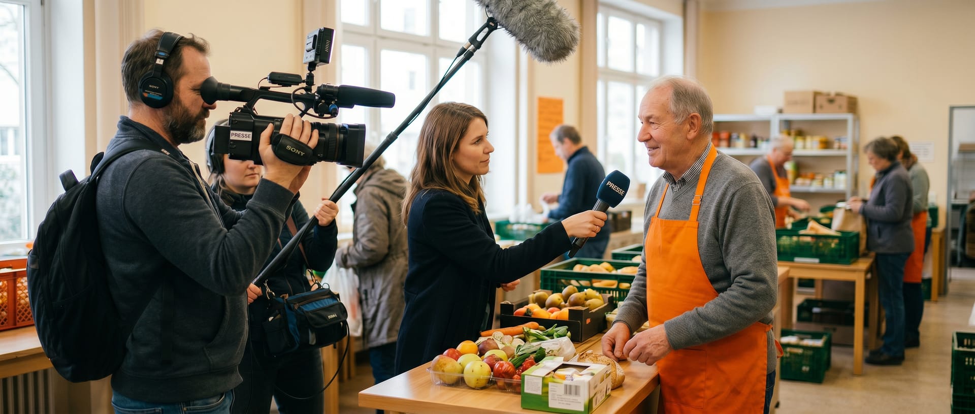 Ein Mitglied unseres ehrenamtlichen Teams gibt der Presse ein Interview